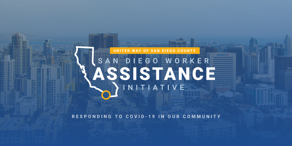 San diego skyline, outline of California and text that reads San Diego Worker Assistance Initiative