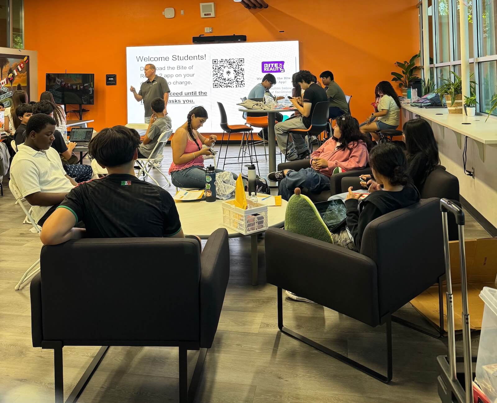 Dream with STEAM students in a classroom at Escondido High School learning about the Bite of Reality simulation app.
